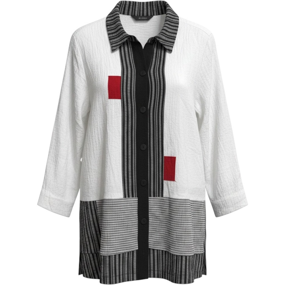 Ali Miles Womens 1X Tunic White Black Striped Crinkle Mixed Media Art to wear